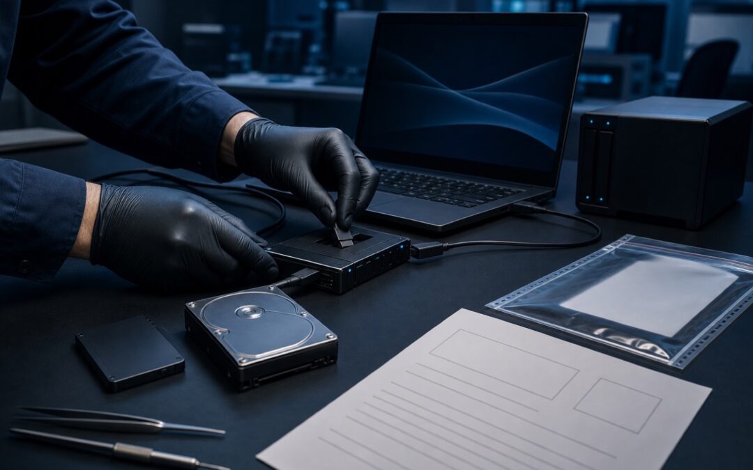 IT-Forensik nach Cyberangriffen und Cybervorfällen 2 Forensische Sicherung einer Festplatte über einen Schreibschutz-Adapter, daneben Beweismitteltüte und Dokumentationsbogen