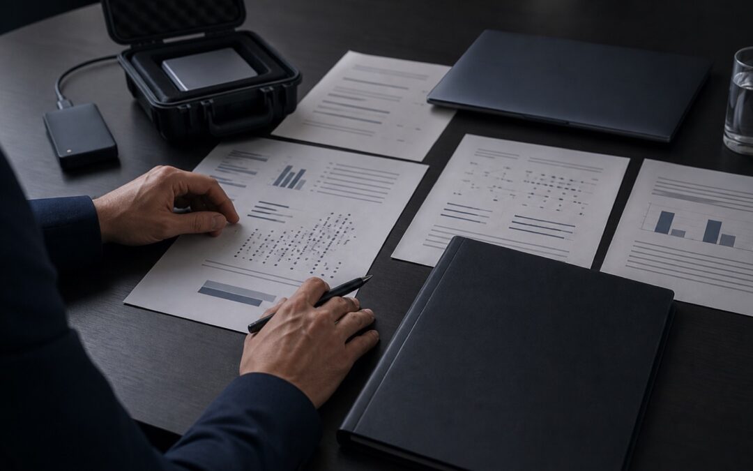 IT-Forensik nach Cyberangriffen und Cybervorfällen 6 Ausgedruckter forensischer Untersuchungsbericht mit Tabellen und Diagrammen auf einem Besprechungstisch