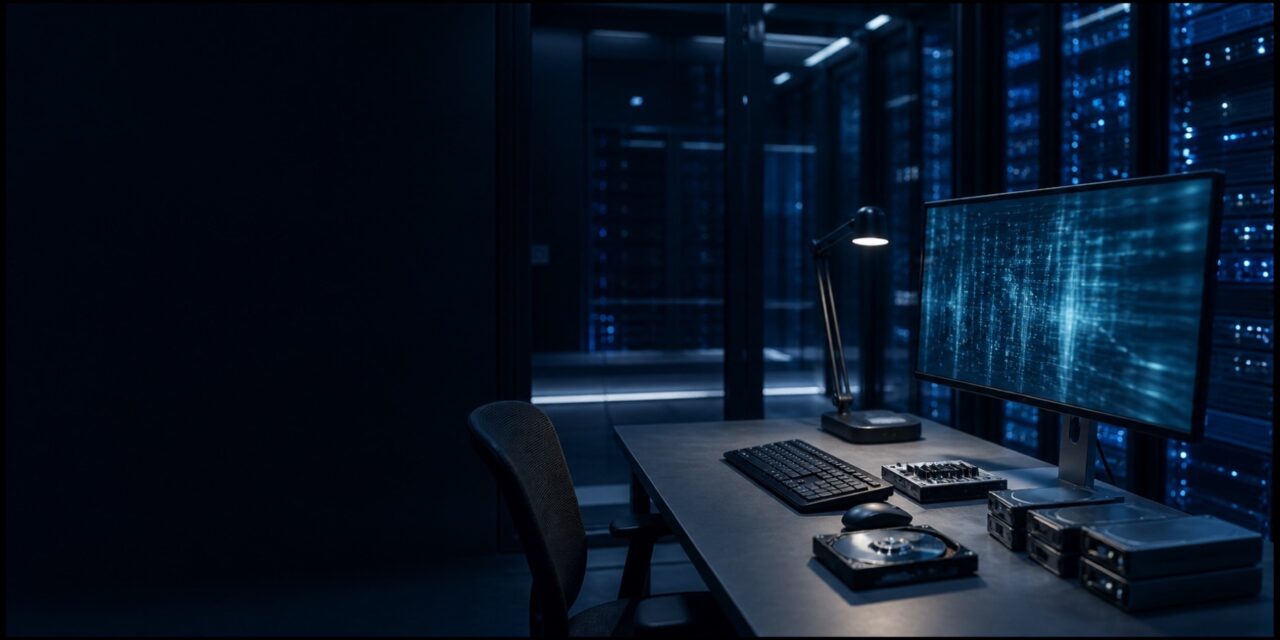 IT-Forensik nach Cyberangriffen und Cybervorfällen 1 Forensischer Arbeitsplatz bei Nacht: Monitor mit Datenvisualisierung, gesicherte Datenträger und Serverschränke im Hintergrund