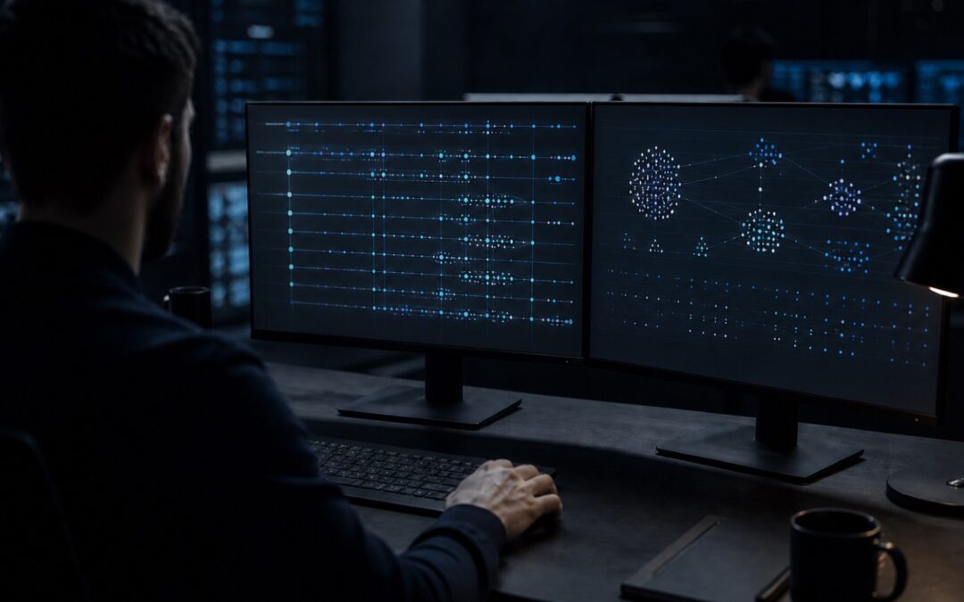 IT-Forensik nach Cyberangriffen und Cybervorfällen 3 IT-Forensiker wertet an zwei Monitoren eine zeitliche Ereignisdarstellung und einen Verbindungsgraphen aus