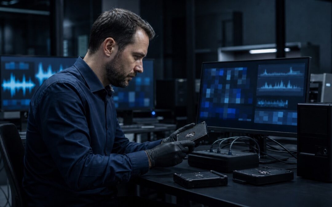 IT-Forensik nach Cyberangriffen und Cybervorfällen 4 Techniker im forensischen Labor prüft einen Datenträger, im Hintergrund Auswertungen auf mehreren Bildschirmen
