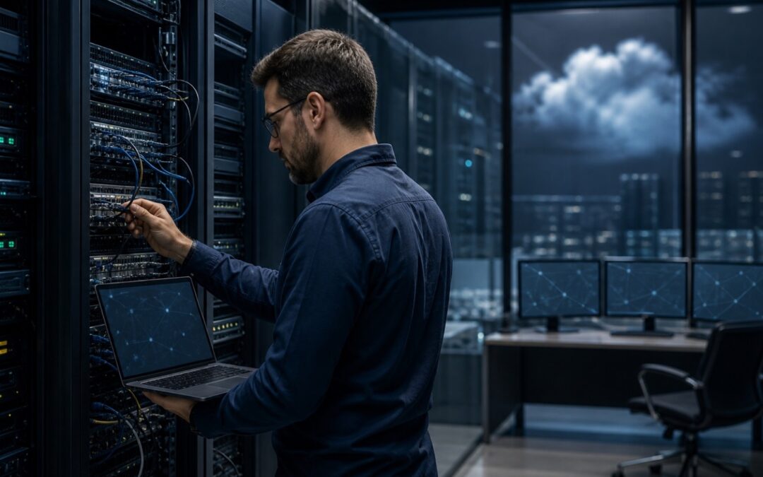 IT-Forensik nach Cyberangriffen und Cybervorfällen 5 IT-Forensiker mit Notebook am offenen Serverschrank, im Hintergrund Auswertungsmonitore und Rechenzentrumsumgebung